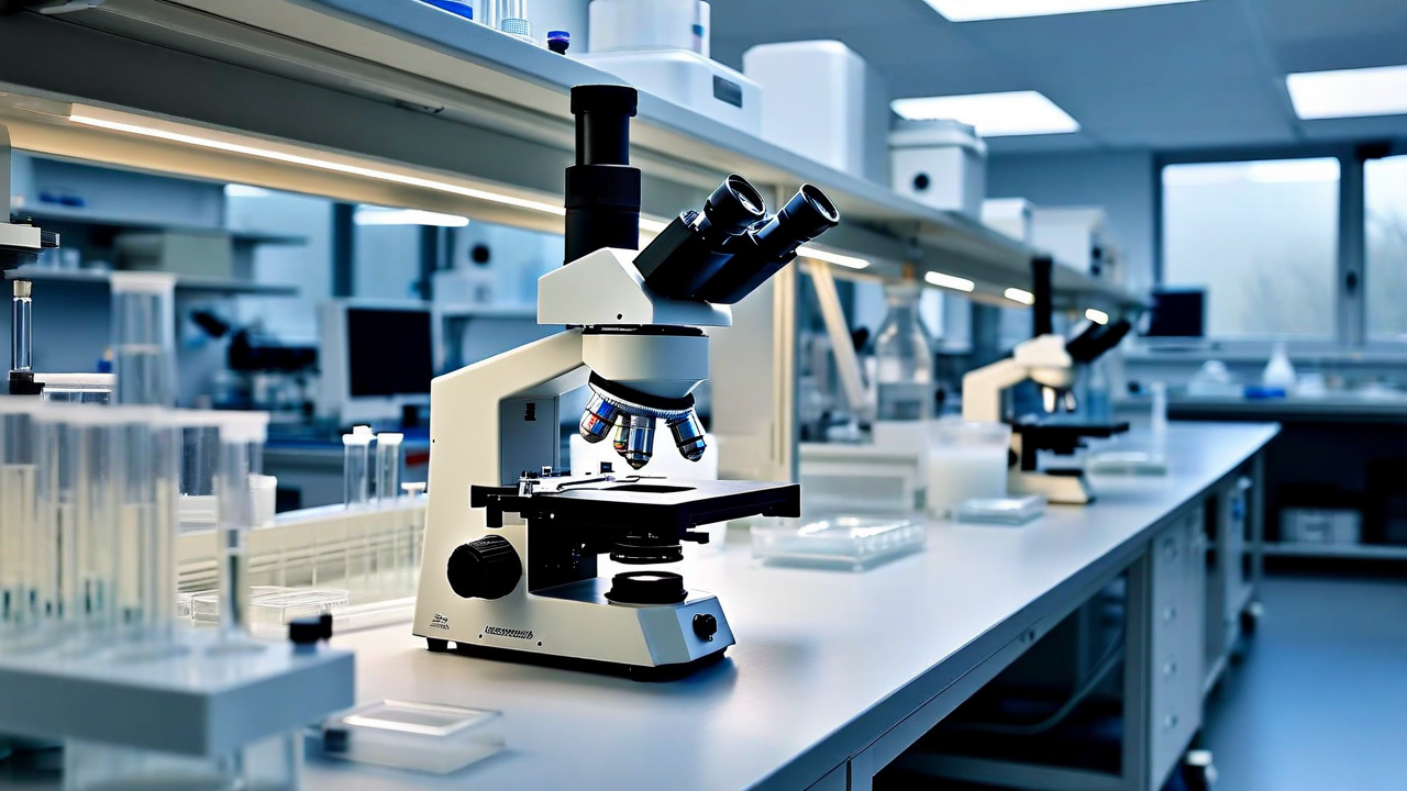 Advanced materials science laboratory with electron microscopy equipment and material samples under analysis