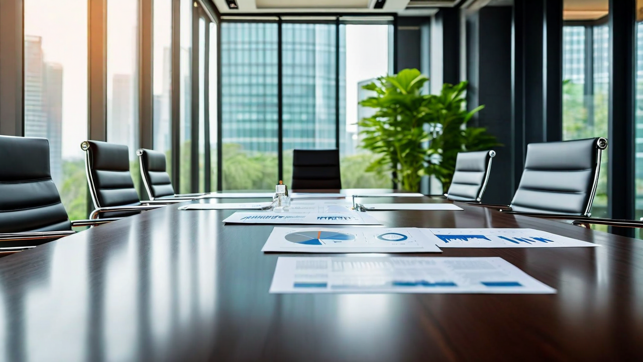 Venture capital investment team reviewing technical documents and data charts in a modern conference room with natural daylight
