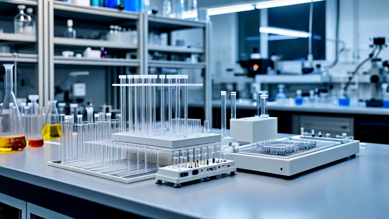 Battery technology research laboratory with electrochemical testing equipment and energy storage cell prototypes under natural laboratory lighting