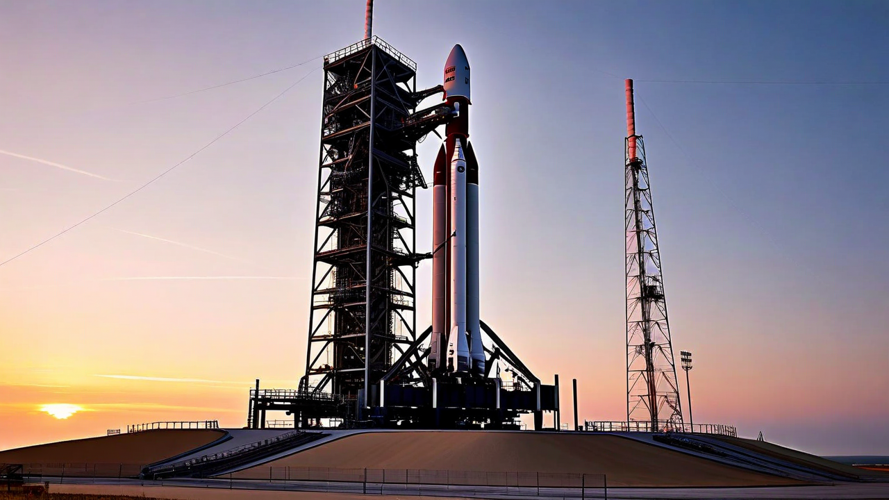 Rocket launch facility at dawn with launch pad infrastructure and clear sky, natural warm sunrise light