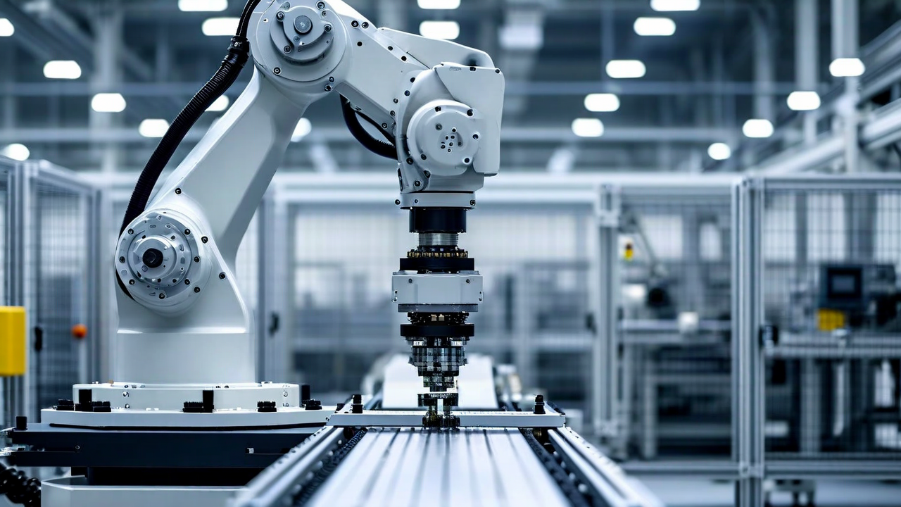 Industrial robotic arm assembly line in a modern manufacturing facility with natural overhead lighting
