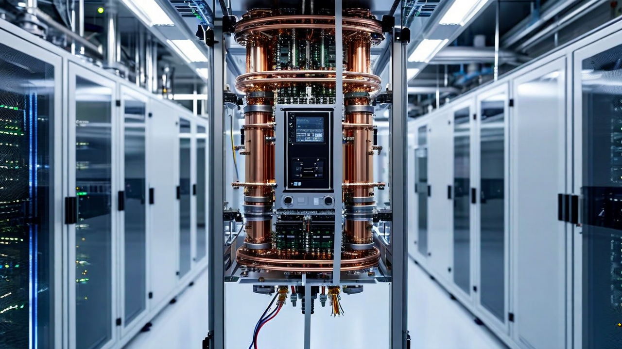 Quantum computing research hardware cryogenic system in a physics laboratory with copper wiring and clean room equipment under natural lighting