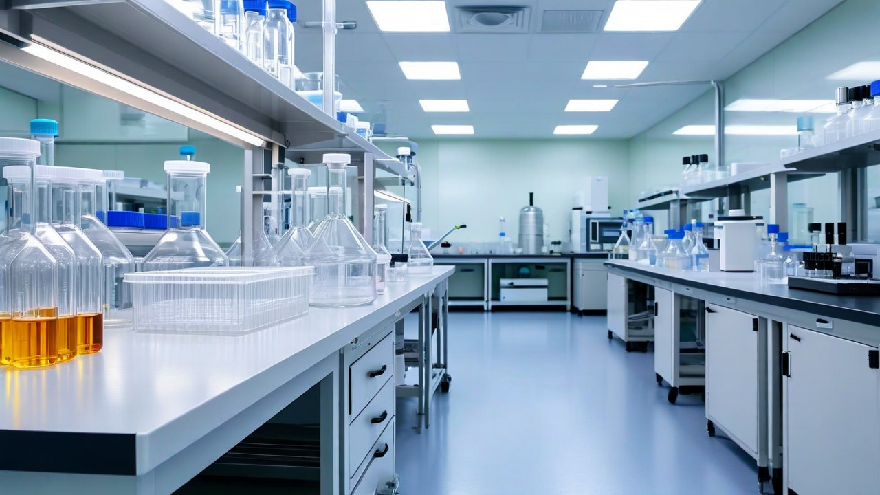 Biotechnology laboratory with cell culture equipment, bioreactors and scientific instruments under clean natural overhead lighting