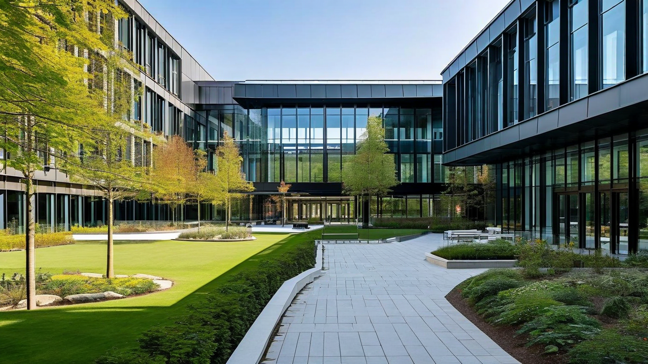 University research campus building with modern architecture and green campus grounds in natural daylight